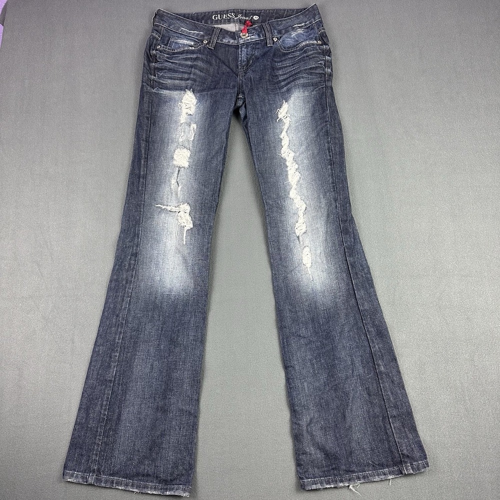 Guess Premium Light Wash Denim Jeans Size 28 Ripped Distressed Flare Low Rise - Picture 5 of 14